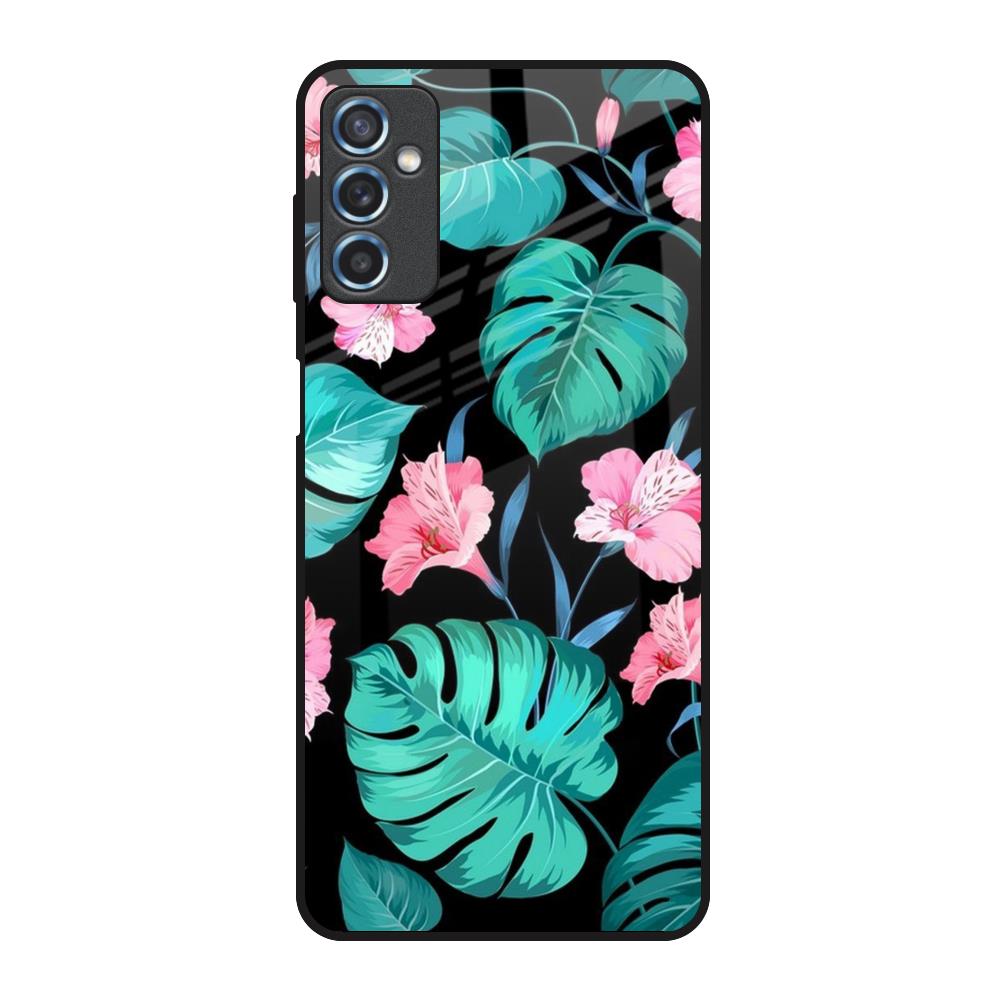 Tropical Leaves & Pink Flowers Samsung Galaxy M52 5G Glass Back Cover Online