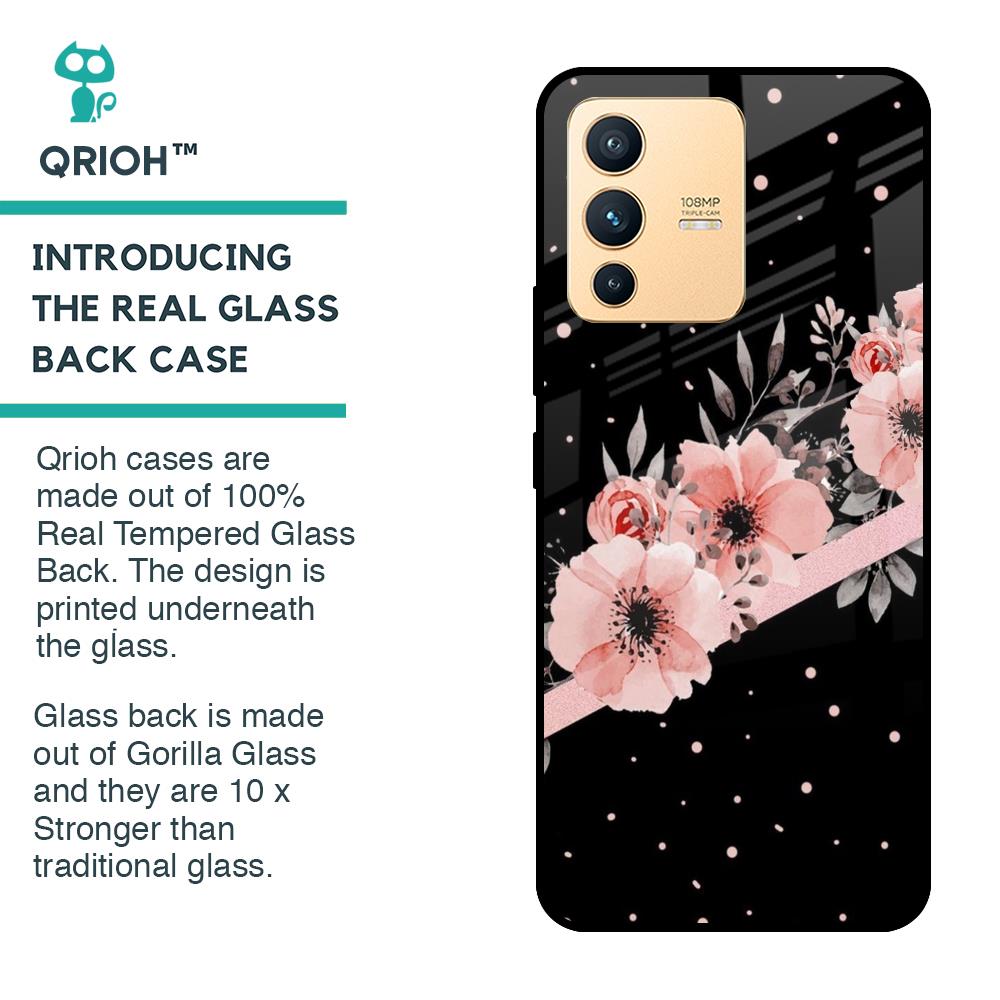 Floral Black Band Glass Case For Vivo V23 Pro 5G