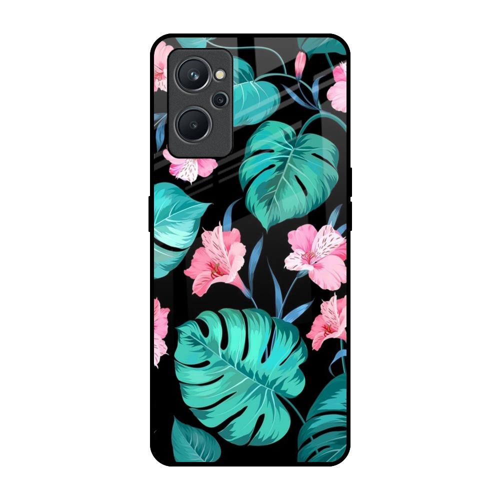 Tropical Leaves & Pink Flowers Realme 9i Glass Back Cover Online