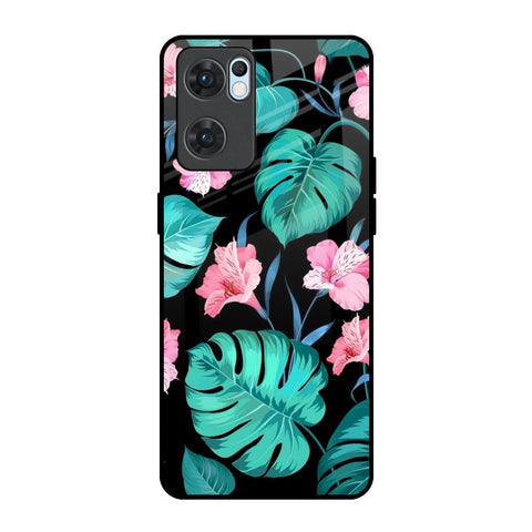 Tropical Leaves & Pink Flowers Oppo Reno7 5G Glass Back Cover Online