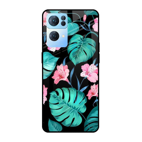 Tropical Leaves & Pink Flowers Oppo Reno7 Pro 5G Glass Cases & Covers Online
