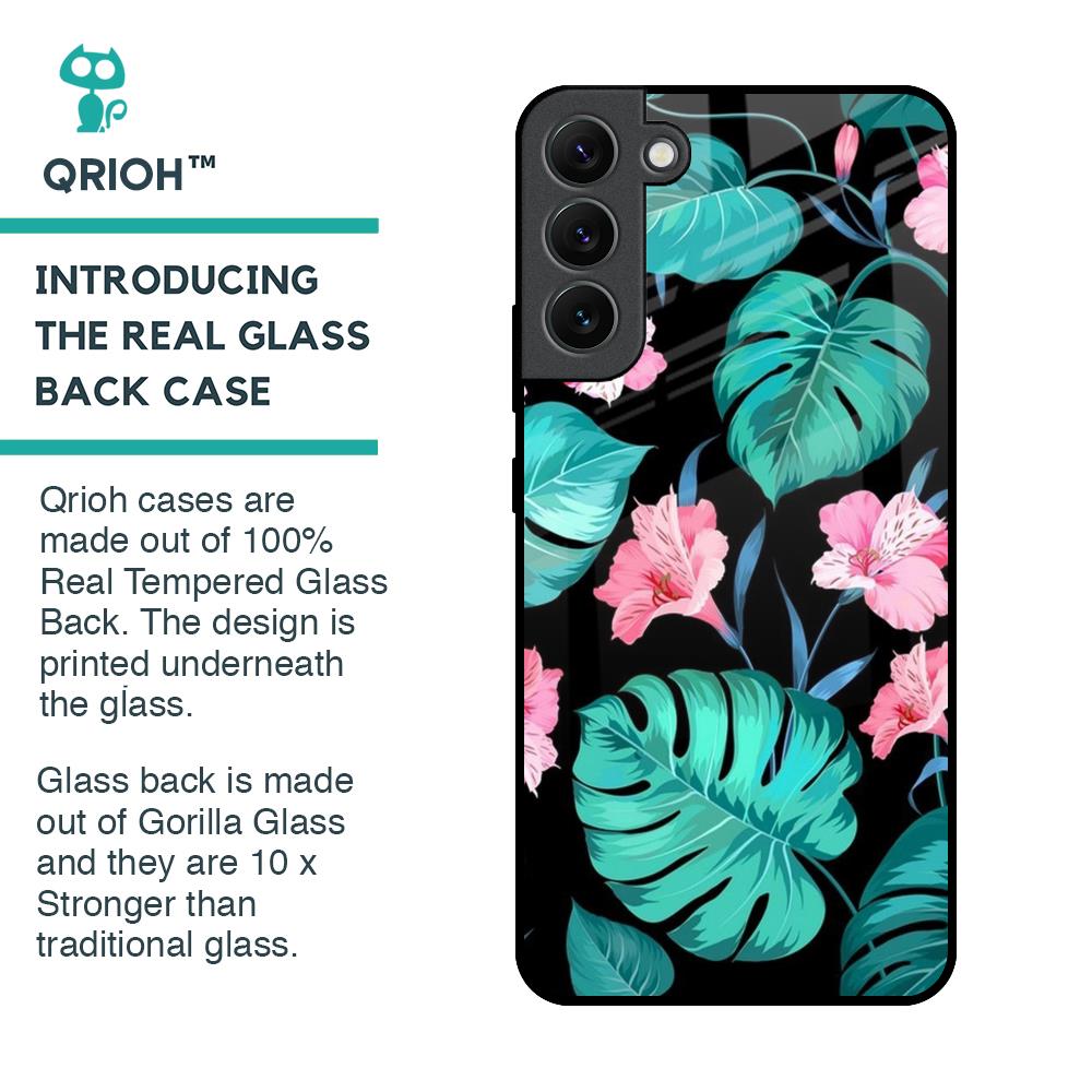 Tropical Leaves & Pink Flowers Glass Case for Samsung Galaxy S22 Plus 5G