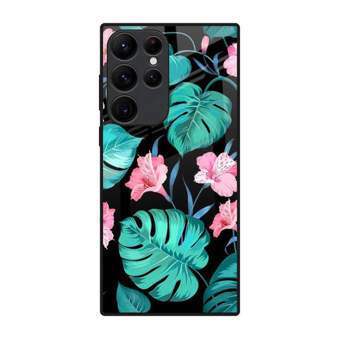 Tropical Leaves & Pink Flowers Samsung Galaxy S22 Ultra 5G Glass Back Cover Online