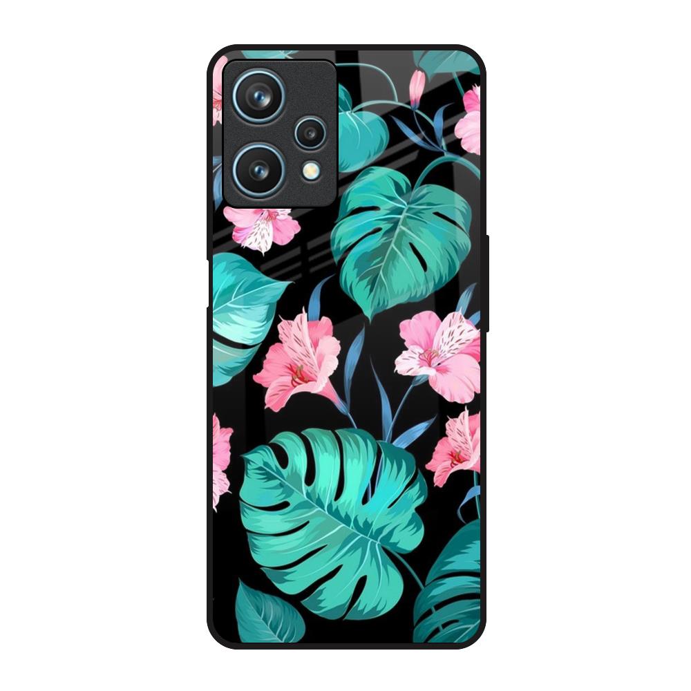 Tropical Leaves & Pink Flowers Realme 9 Pro 5G Glass Back Cover Online