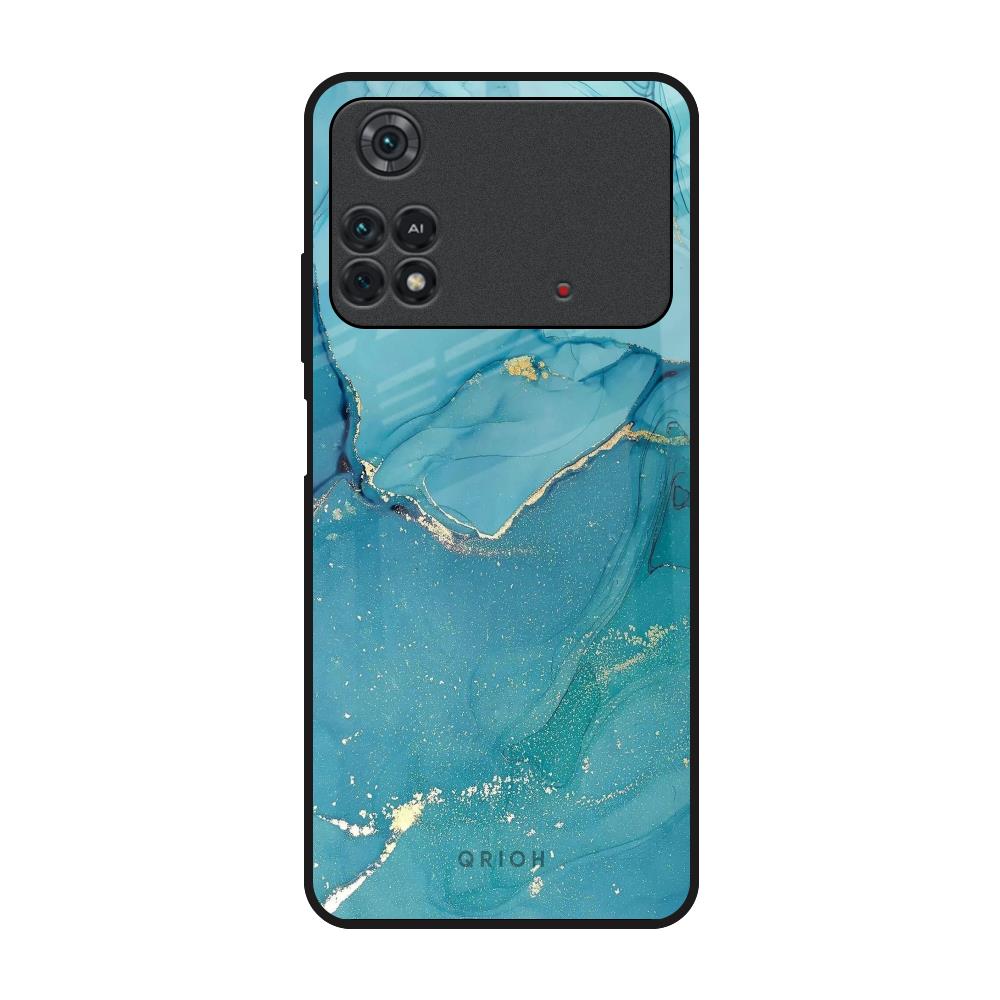 Blue Golden Glitter Poco M4 Pro Glass Back Cover Online