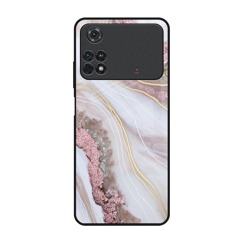 Pink & Gold Gllitter Marble Poco M4 Pro Glass Back Cover Online