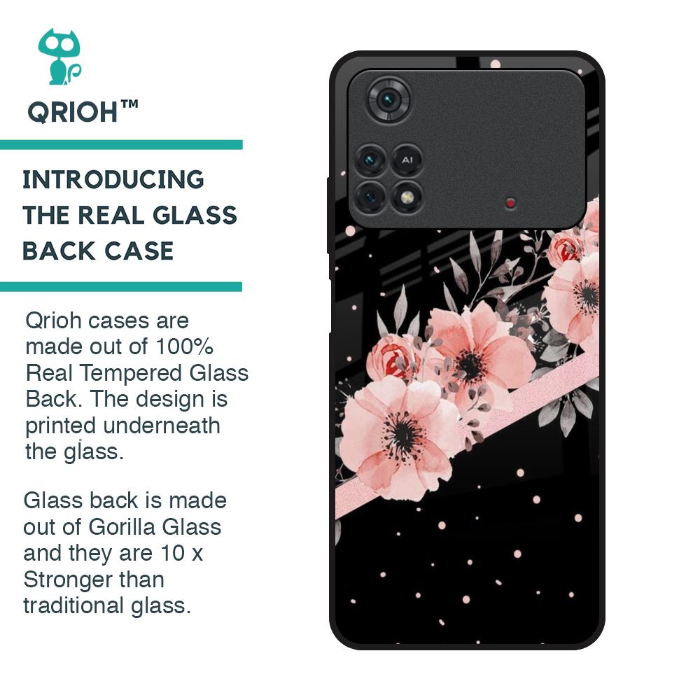Floral Black Band Glass Case For Poco M4 Pro