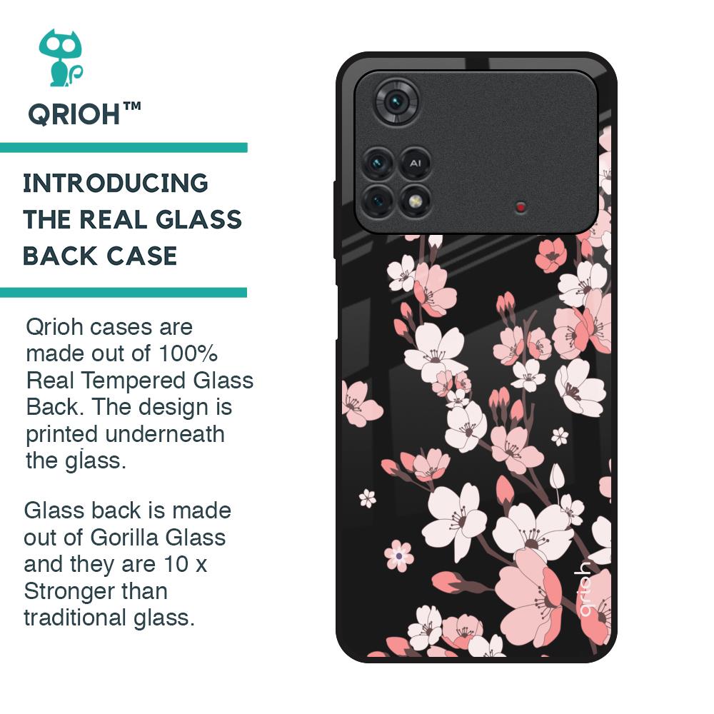 Black Cherry Blossom Glass Case for Poco M4 Pro