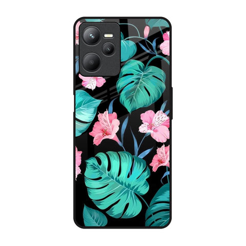 Tropical Leaves & Pink Flowers Realme C35 Glass Back Cover Online