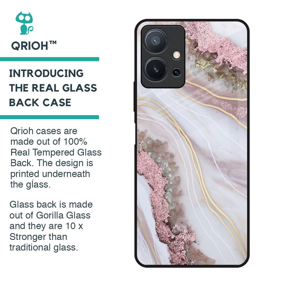 Pink & Gold Gllitter Marble Glass Case for Vivo T1 5G