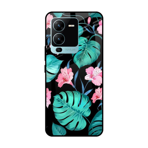 Tropical Leaves & Pink Flowers Vivo V25 Pro Glass Cases & Covers Online