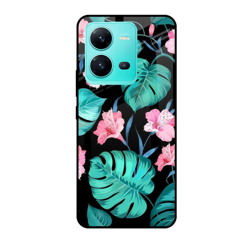 Tropical Leaves & Pink Flowers Vivo V25 Glass Cases & Covers Online