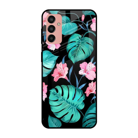 Tropical Leaves & Pink Flowers Samsung Galaxy M13 Glass Cases & Covers Online