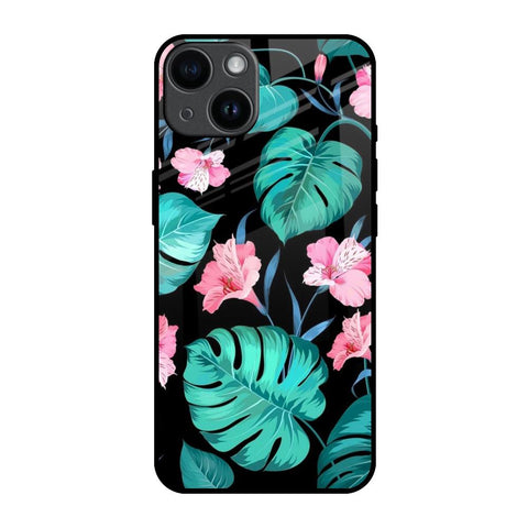 Tropical Leaves & Pink Flowers iPhone 14 Glass Back Cover Online