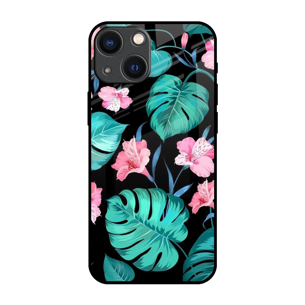 Tropical Leaves & Pink Flowers iPhone 14 Plus Glass Back Cover Online