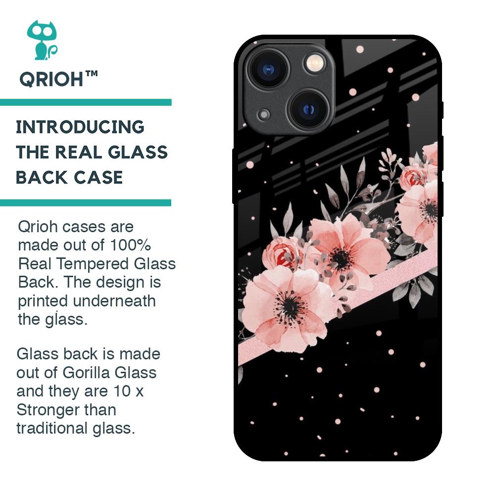 Floral Black Band Glass Case For iPhone 14 Plus