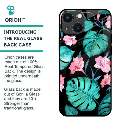 Tropical Leaves & Pink Flowers Glass Case for iPhone 14 Plus
