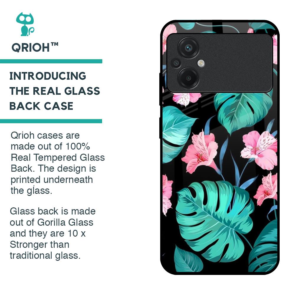 Tropical Leaves & Pink Flowers Glass case for Poco M5