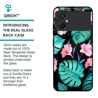 Tropical Leaves & Pink Flowers Glass case for Poco M5
