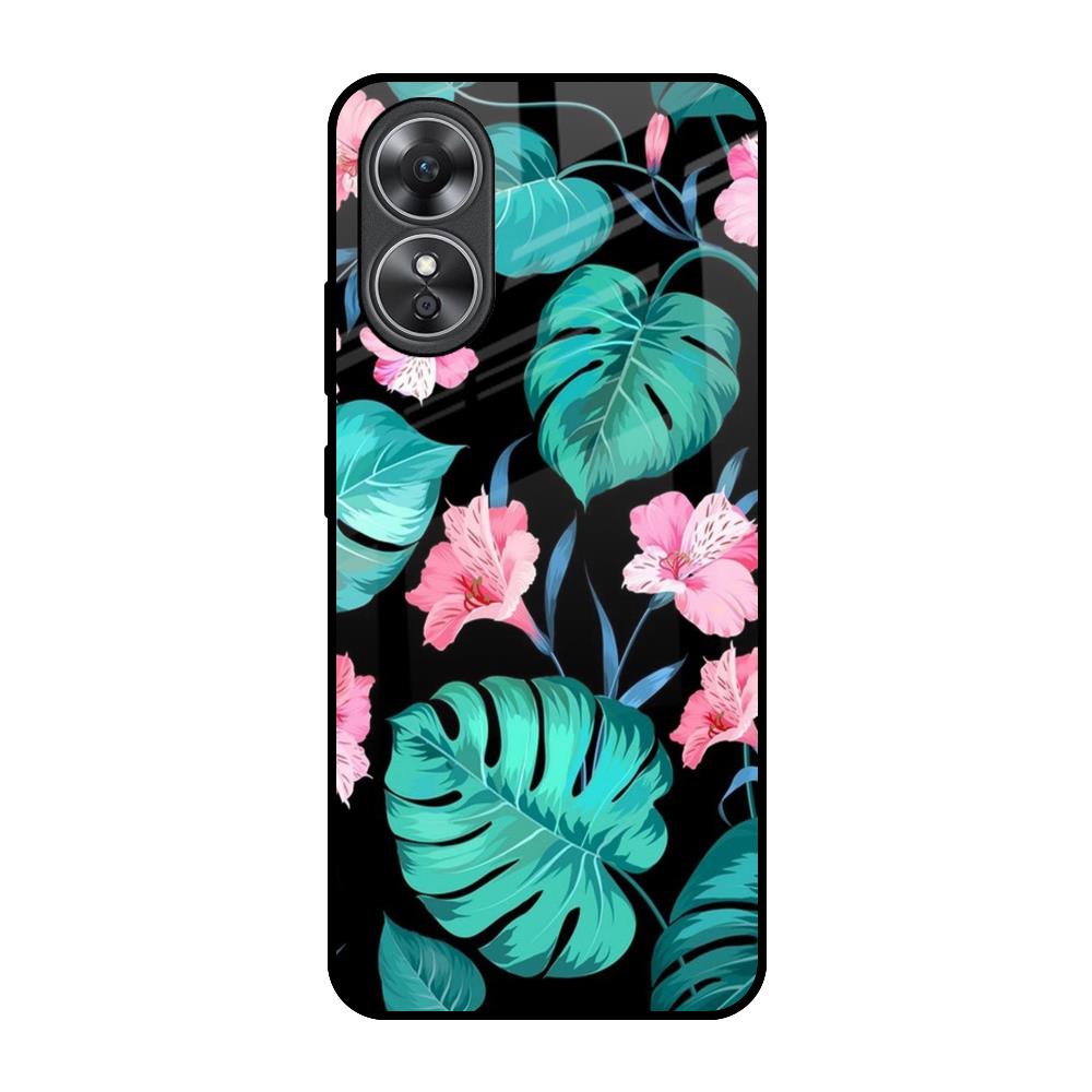 Tropical Leaves & Pink Flowers OPPO A17 Glass Back Cover Online