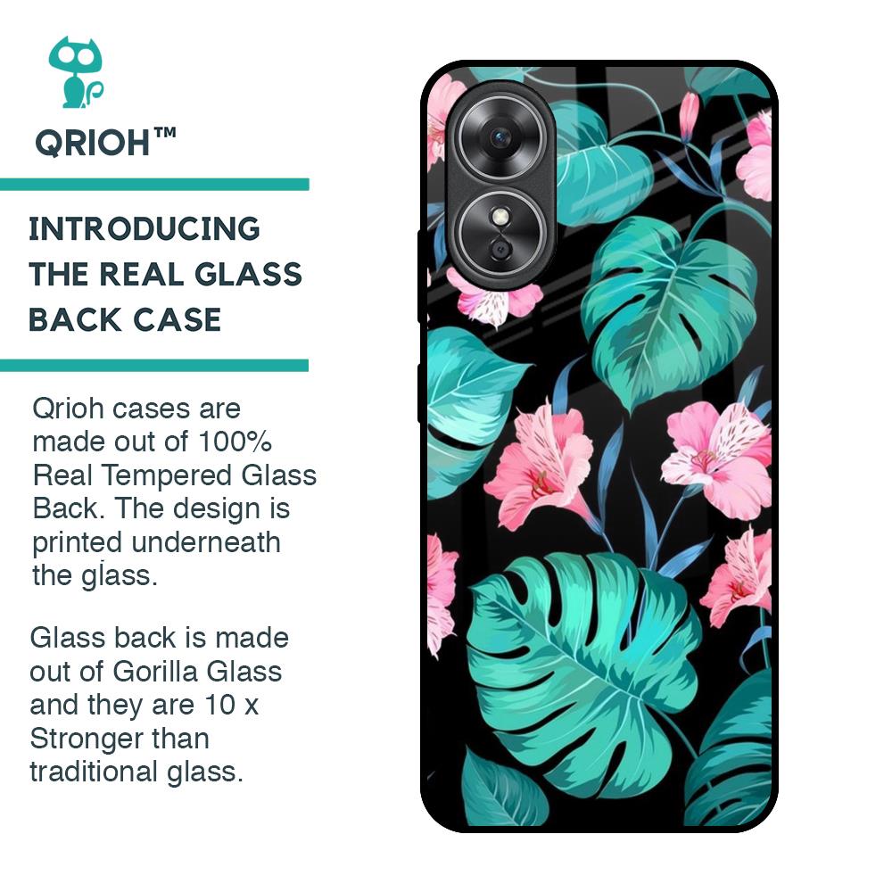 Tropical Leaves & Pink Flowers Glass Case for OPPO A17