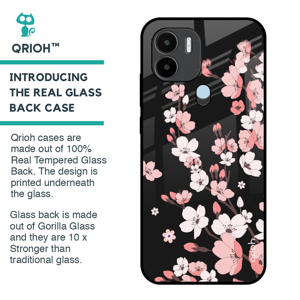 Black Cherry Blossom Glass Case for Redmi A1 Plus
