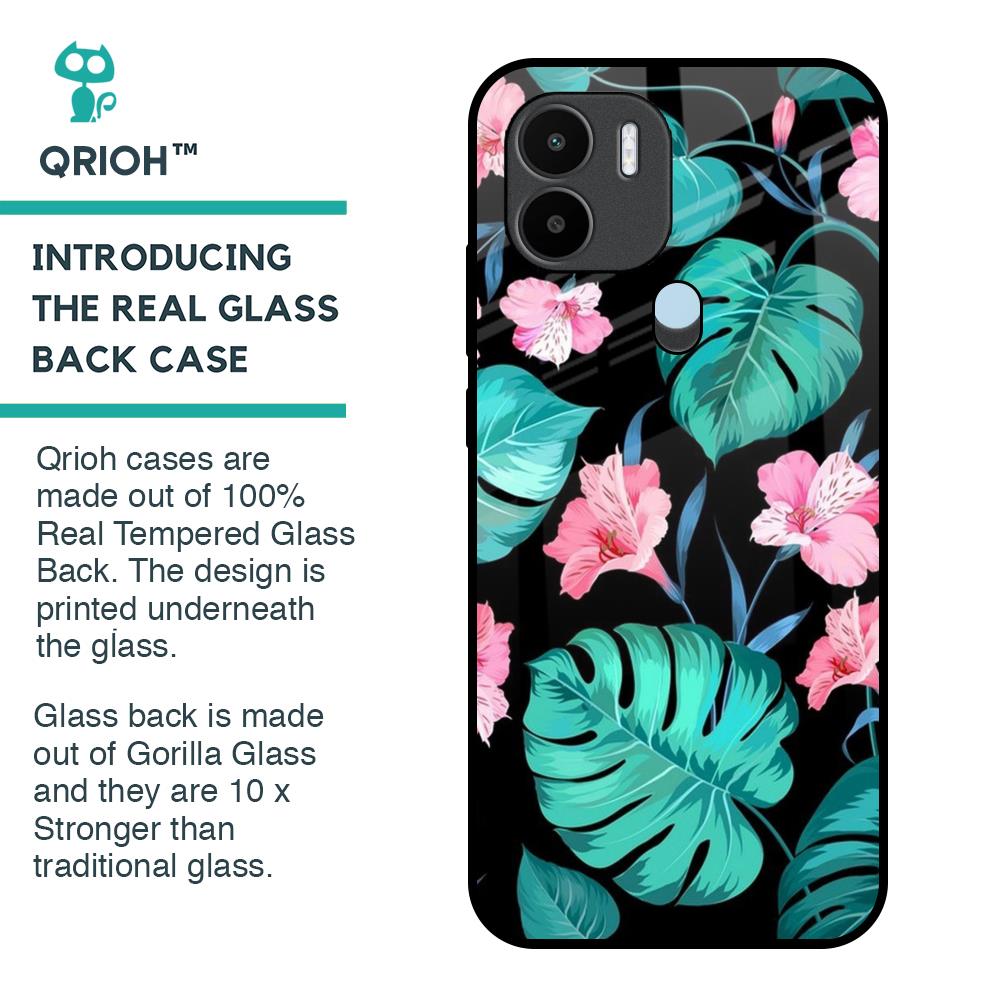 Tropical Leaves & Pink Flowers Glass Case for Redmi A1 Plus