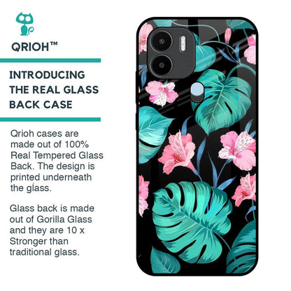 Tropical Leaves & Pink Flowers Glass Case for Redmi A1 Plus
