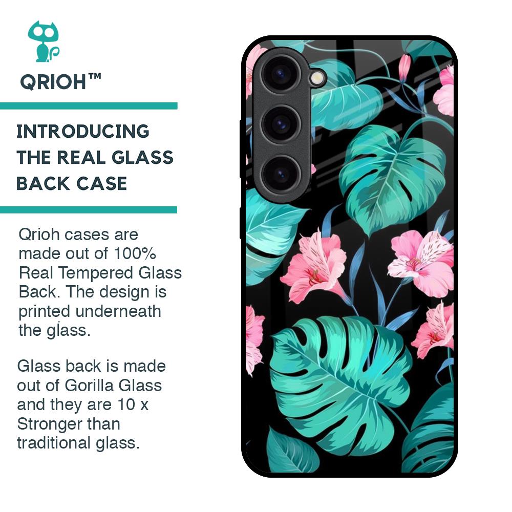 Tropical Leaves & Pink Flowers Glass Case for Samsung Galaxy S23 5G