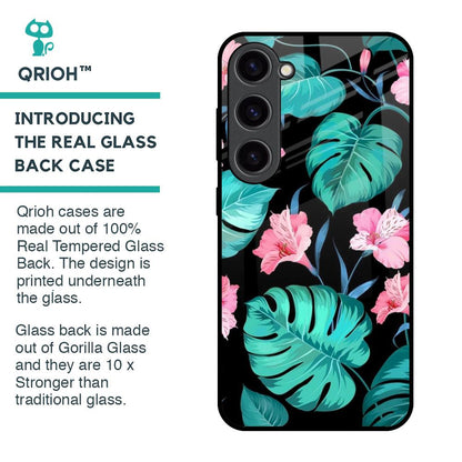 Tropical Leaves & Pink Flowers Glass Case for Samsung Galaxy S23 5G