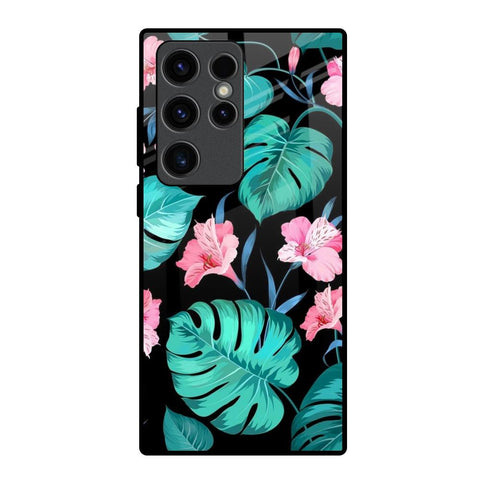 Tropical Leaves & Pink Flowers Samsung Galaxy S23 Ultra 5G Glass Back Cover Online