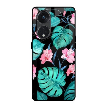 Tropical Leaves & Pink Flowers Oppo Reno8T 5G Glass Back Cover Online