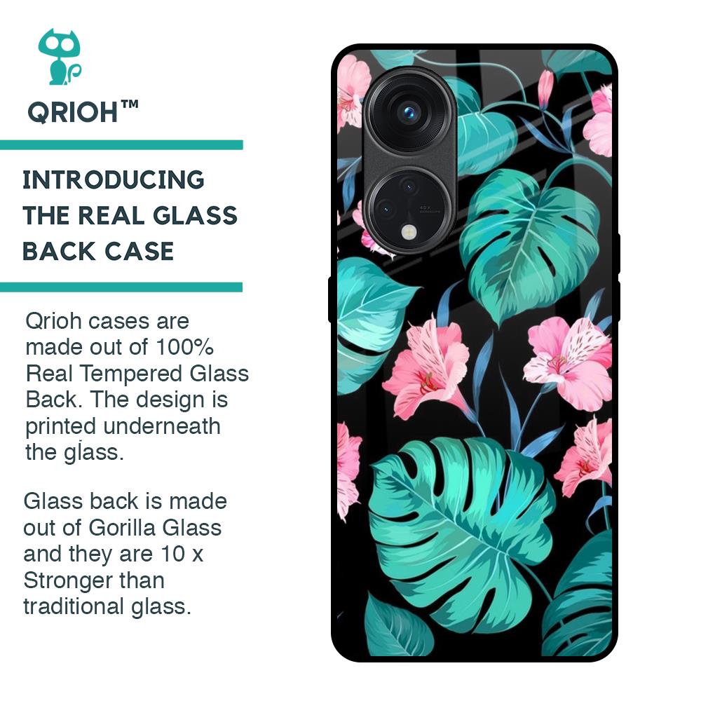 Tropical Leaves & Pink Flowers Glass Case for Oppo Reno8T 5G