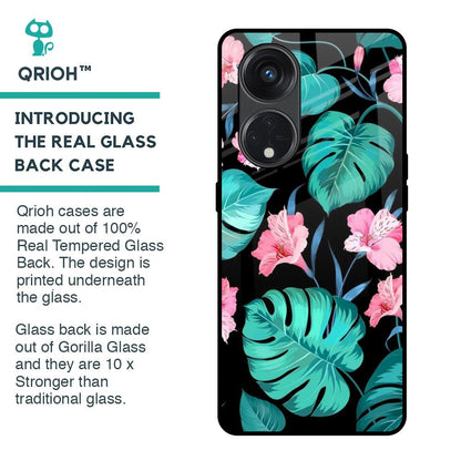 Tropical Leaves & Pink Flowers Glass Case for Oppo Reno8T 5G