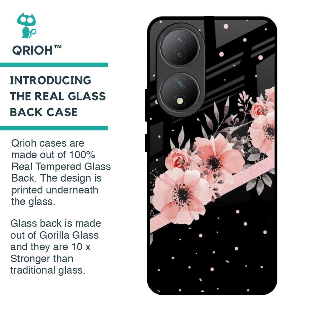Floral Black Band Glass Case For Vivo Y100 5G
