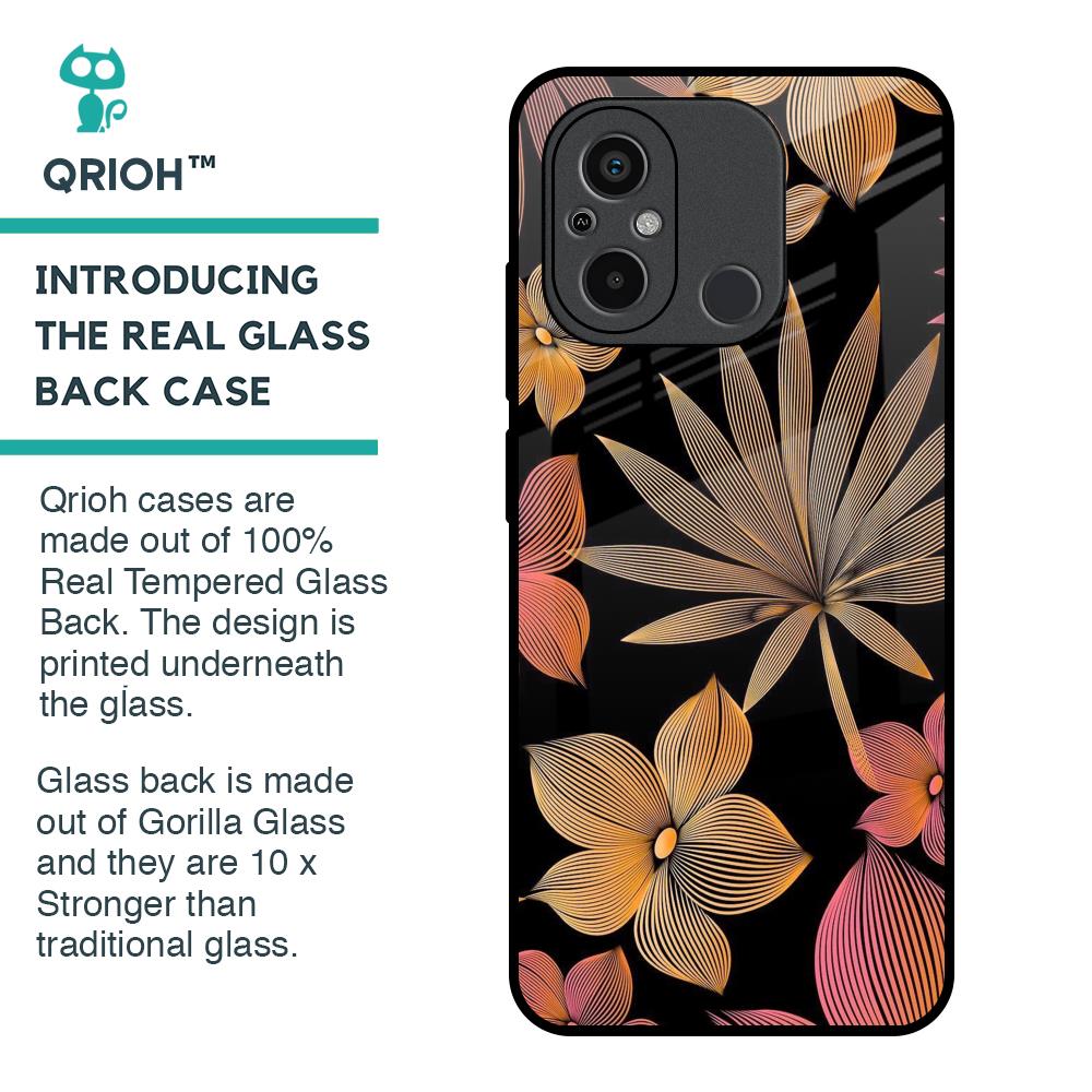 Lines Pattern Flowers Glass Case for Redmi 12C
