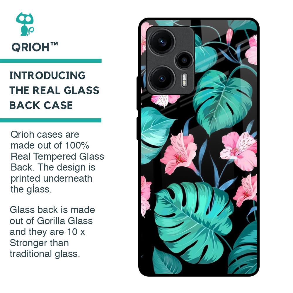 Tropical Leaves & Pink Flowers Glass Case for Poco F5 5G