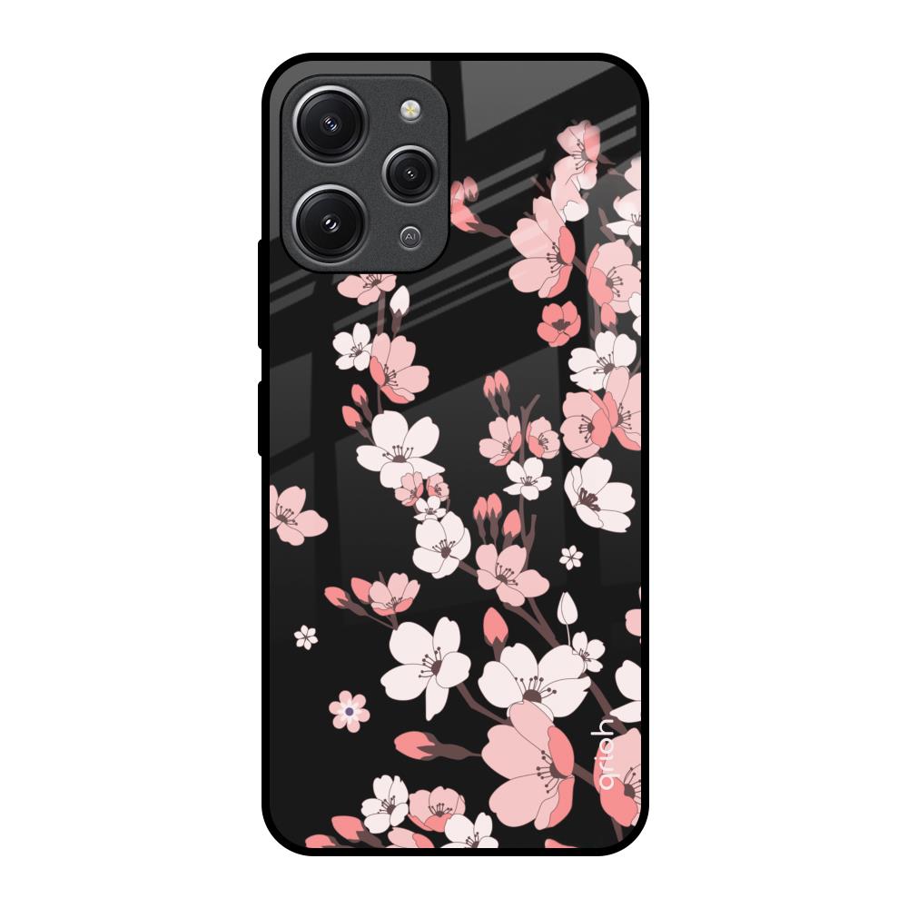 Black Cherry Blossom Redmi 12 Glass Back Cover Online