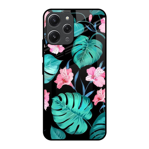 Tropical Leaves & Pink Flowers Redmi 12 Glass Back Cover Online