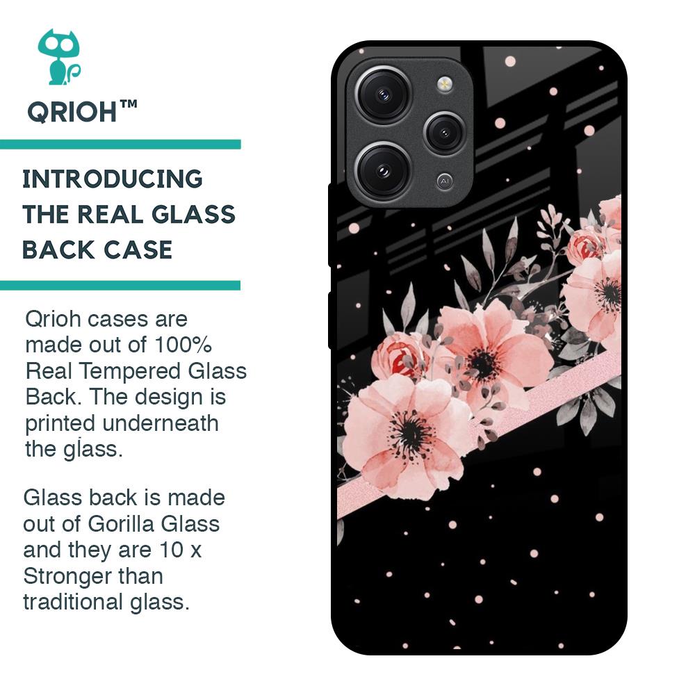 Floral Black Band Glass Case For Redmi 12