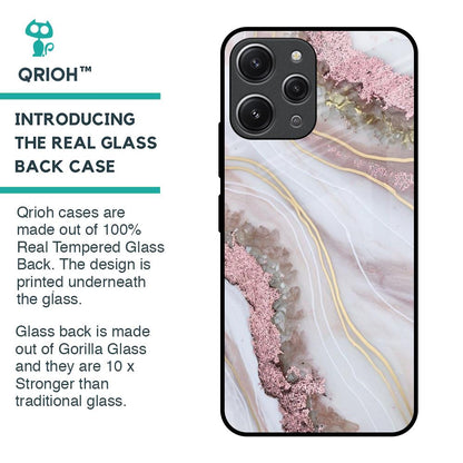 Pink & Gold Gllitter Marble Glass Case for Redmi 12