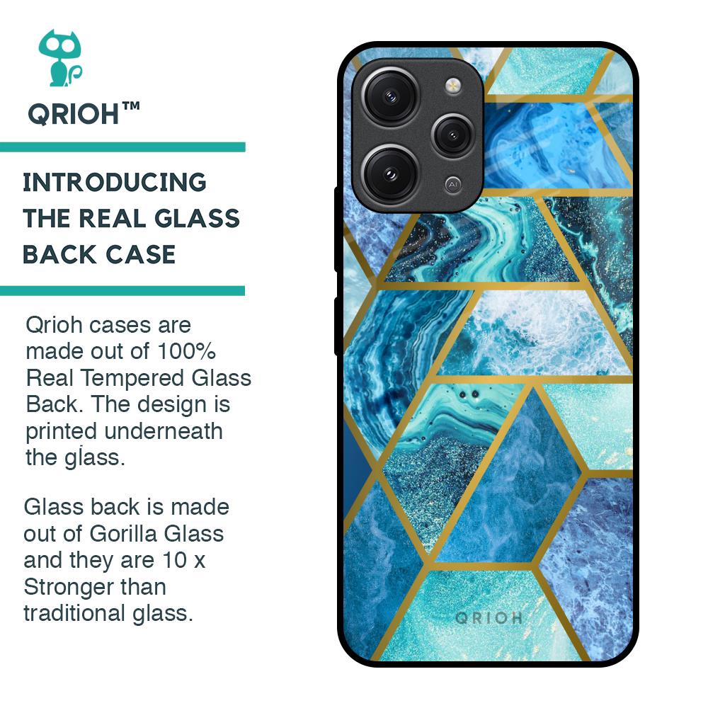 Turquoise Geometrical Marble Glass Case for Redmi 12