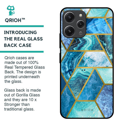 Turquoise Geometrical Marble Glass Case for Redmi 12
