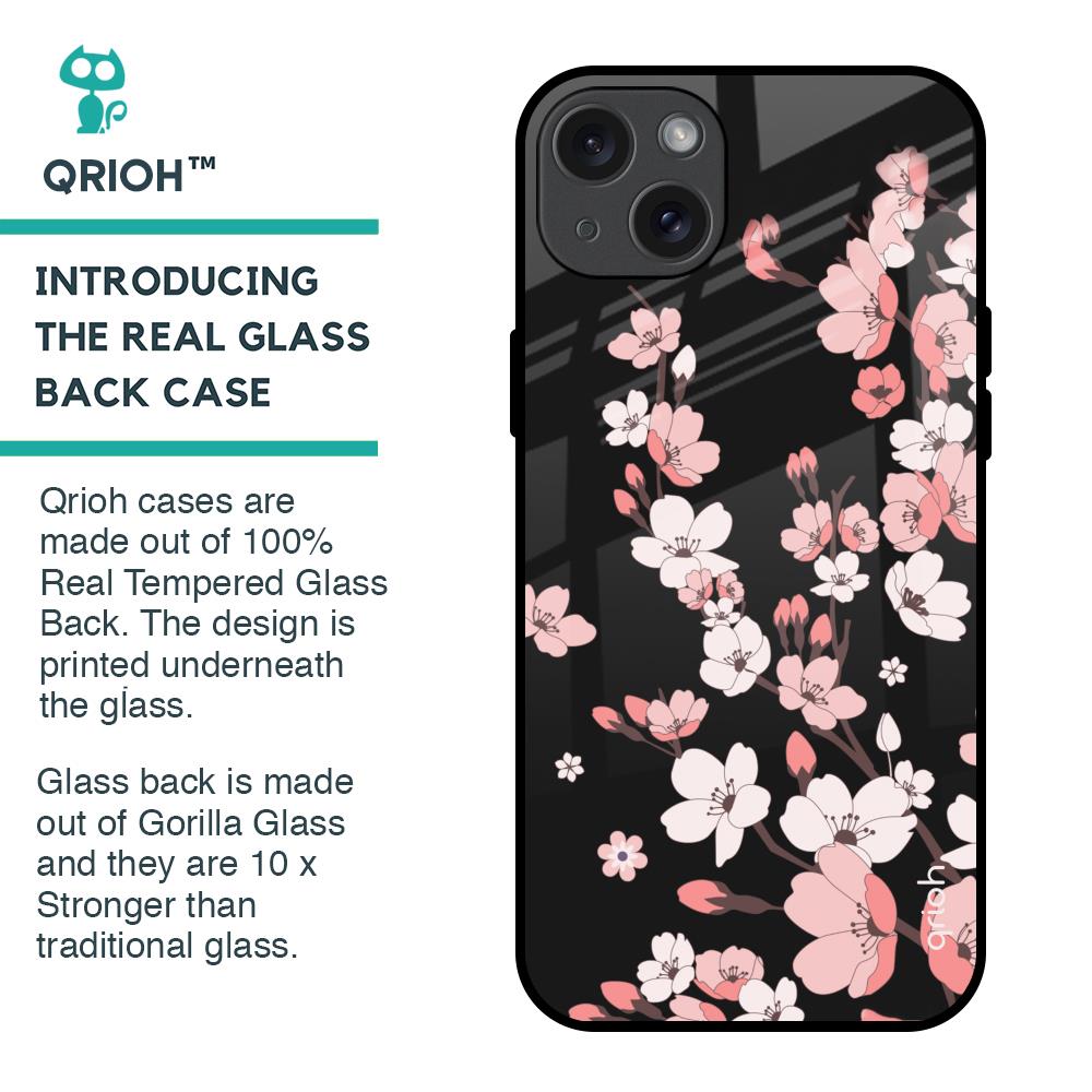 Black Cherry Blossom Glass Case for iPhone 15 Plus