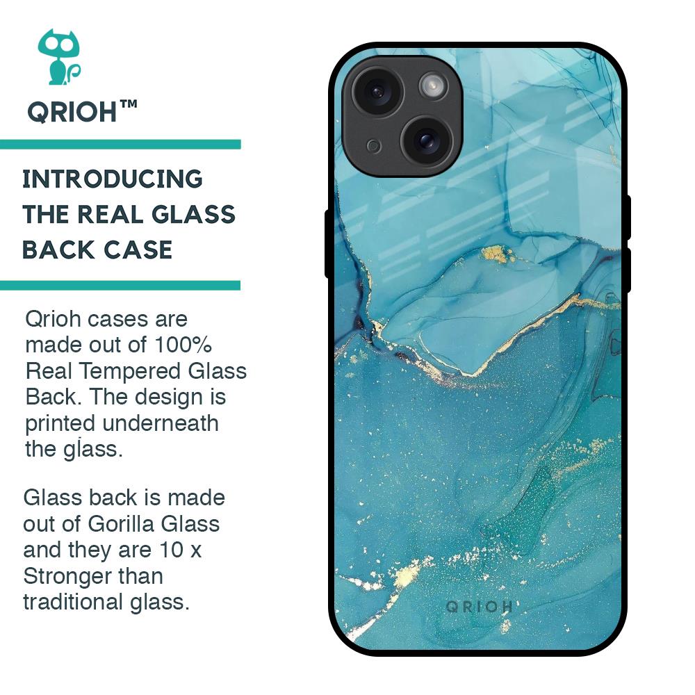 Blue Golden Glitter Glass Case for iPhone 15 Plus