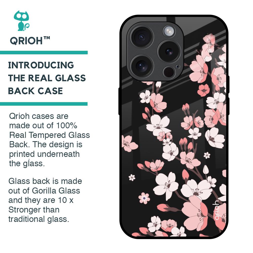 Black Cherry Blossom Glass Case for iPhone 15 Pro