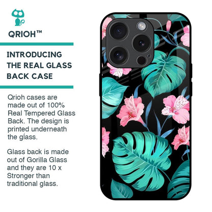 Tropical Leaves & Pink Flowers Glass Case for iPhone 15 Pro