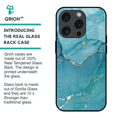 Blue Golden Glitter Glass Case for iPhone 15 Pro
