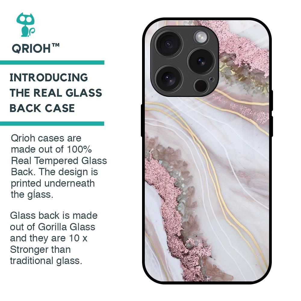 Pink & Gold Gllitter Marble Glass Case for iPhone 15 Pro