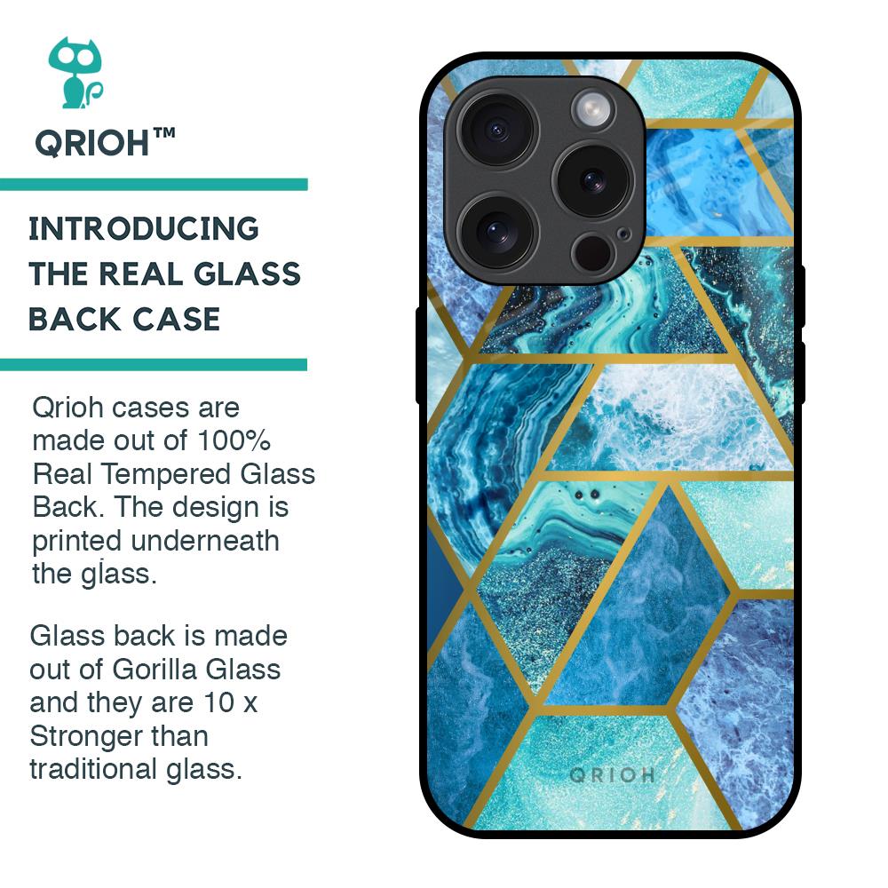 Turquoise Geometrical Marble Glass Case for iPhone 15 Pro